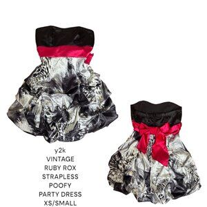 Y2K VINTAGE RUBY ROX PUFFY SKIRT STRAPLESS‎ RED BOW PARTY DRESS XS/SMALL